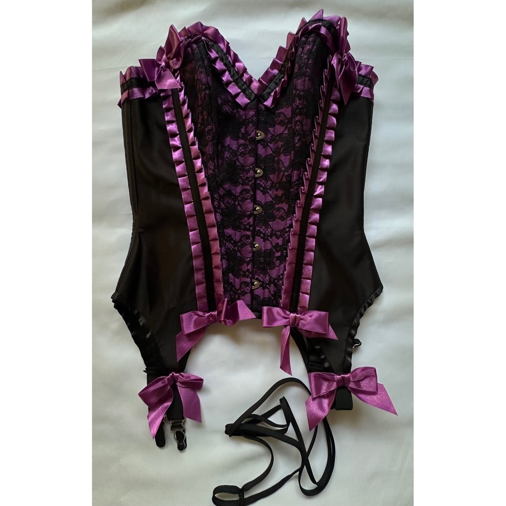 Leg Avenue Lace Up Satin Garter Corset Purple Black Ruffle Bow Lingerie Small S